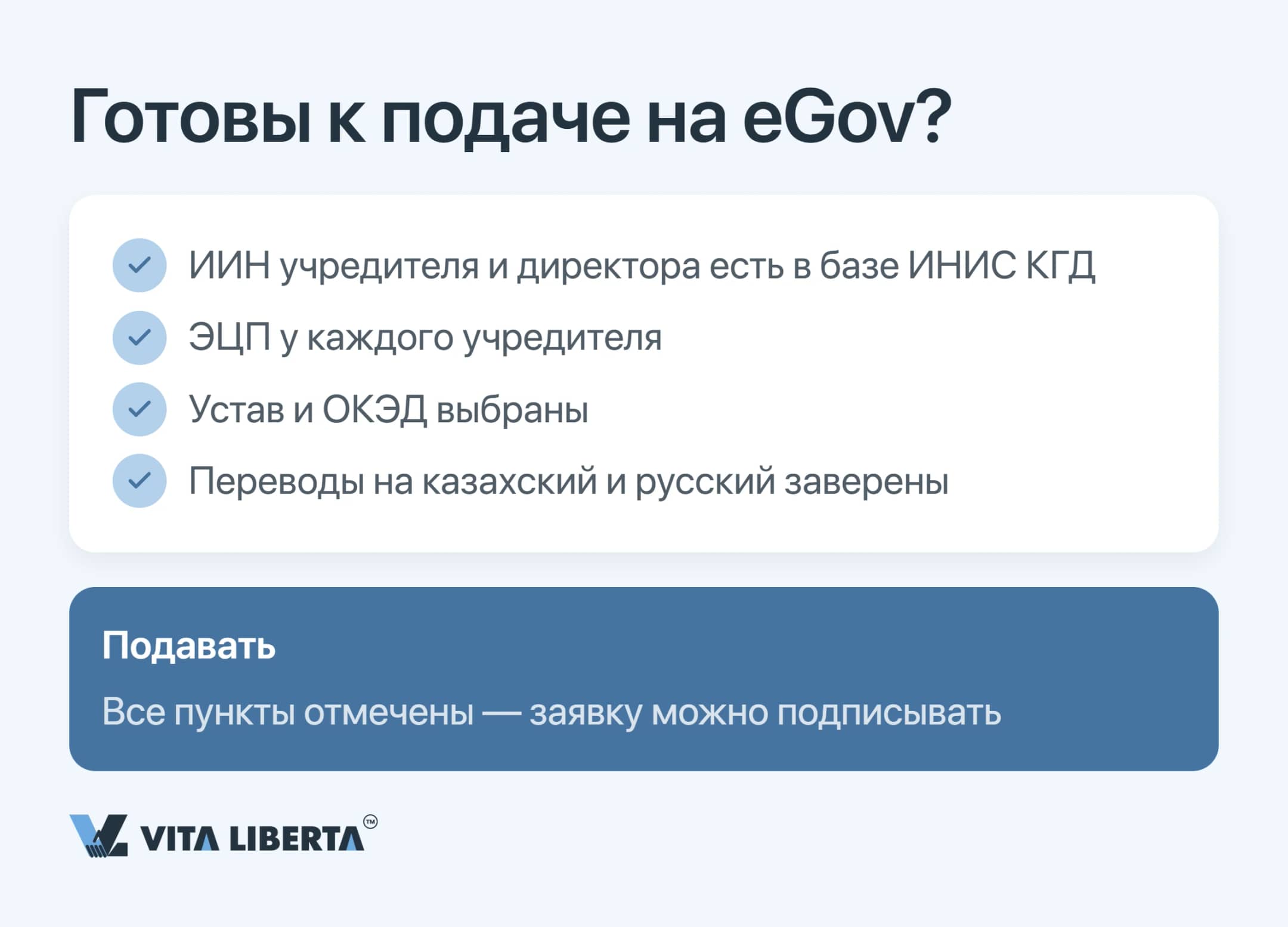 Чек-лист перед подачей заявки на eGov: ИИН в базе ИНИС, ЭЦП учредителей, устав и ОКЭД, заверенные переводы