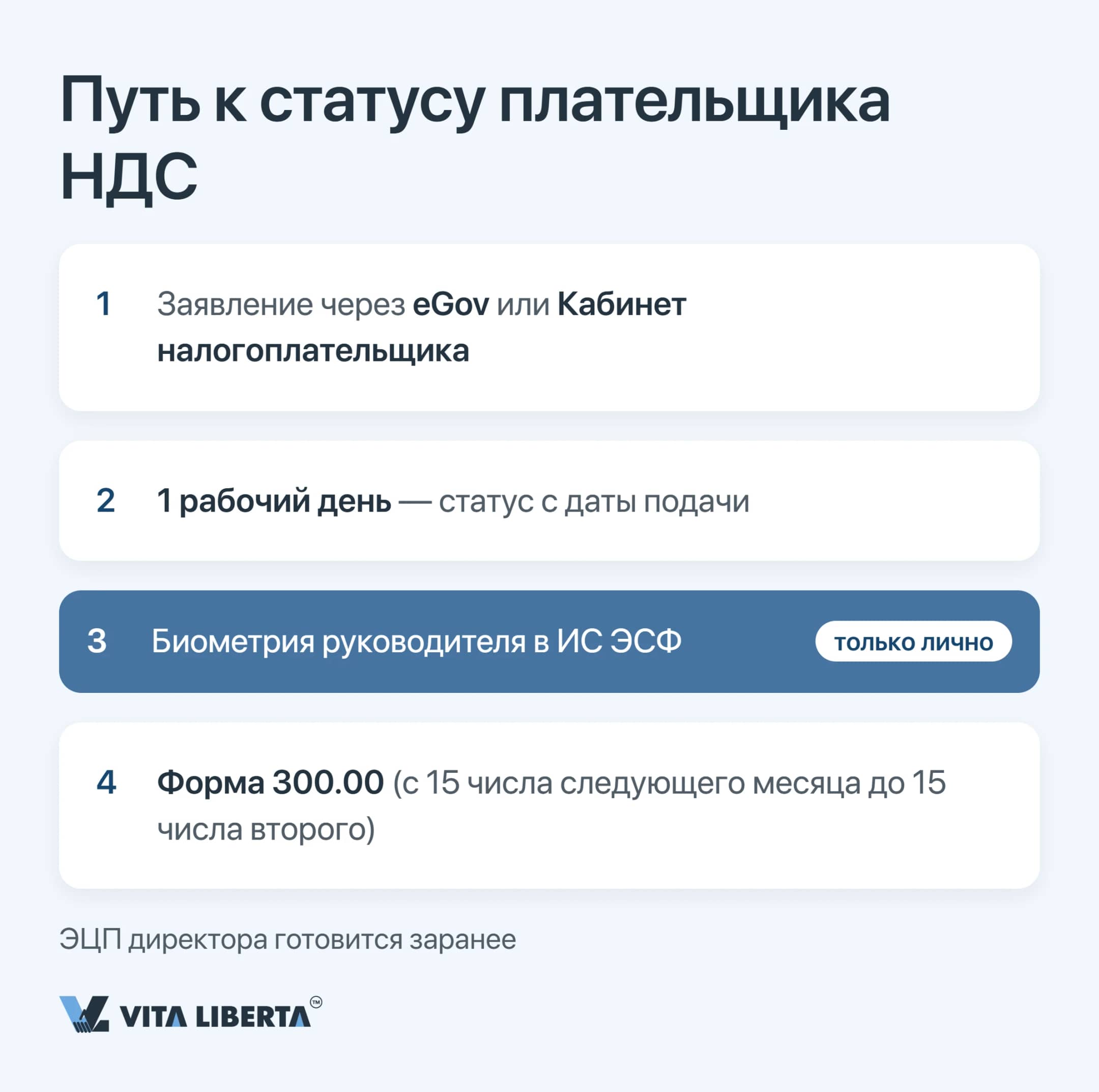 Схема регистрации плательщика: заявление через eGov, один рабочий день, биометрия директора в ИС ЭСФ, окно формы 300.00