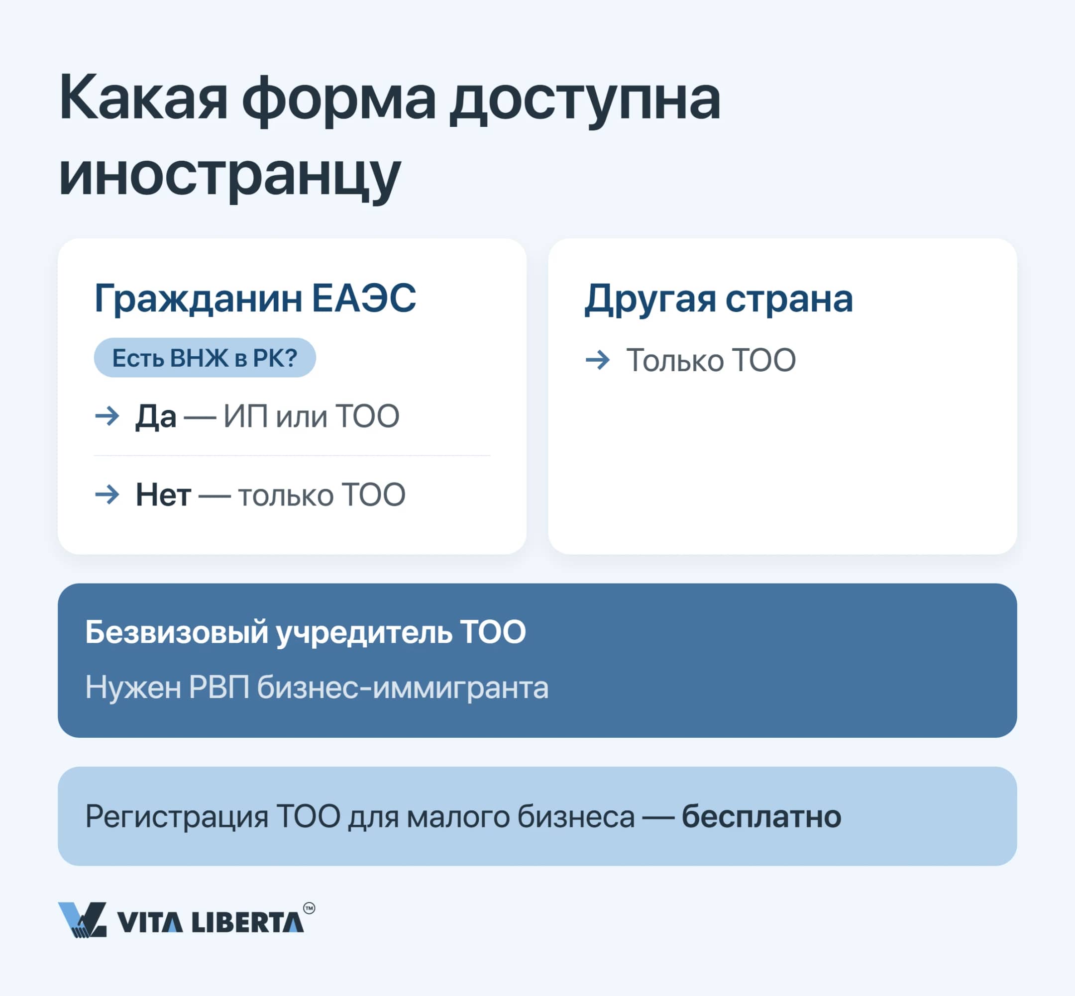 Дерево допуска иностранца к ИП и ТОО в Казахстане: гражданство ЕАЭС, вид на жительство и РВП бизнес-иммигранта
