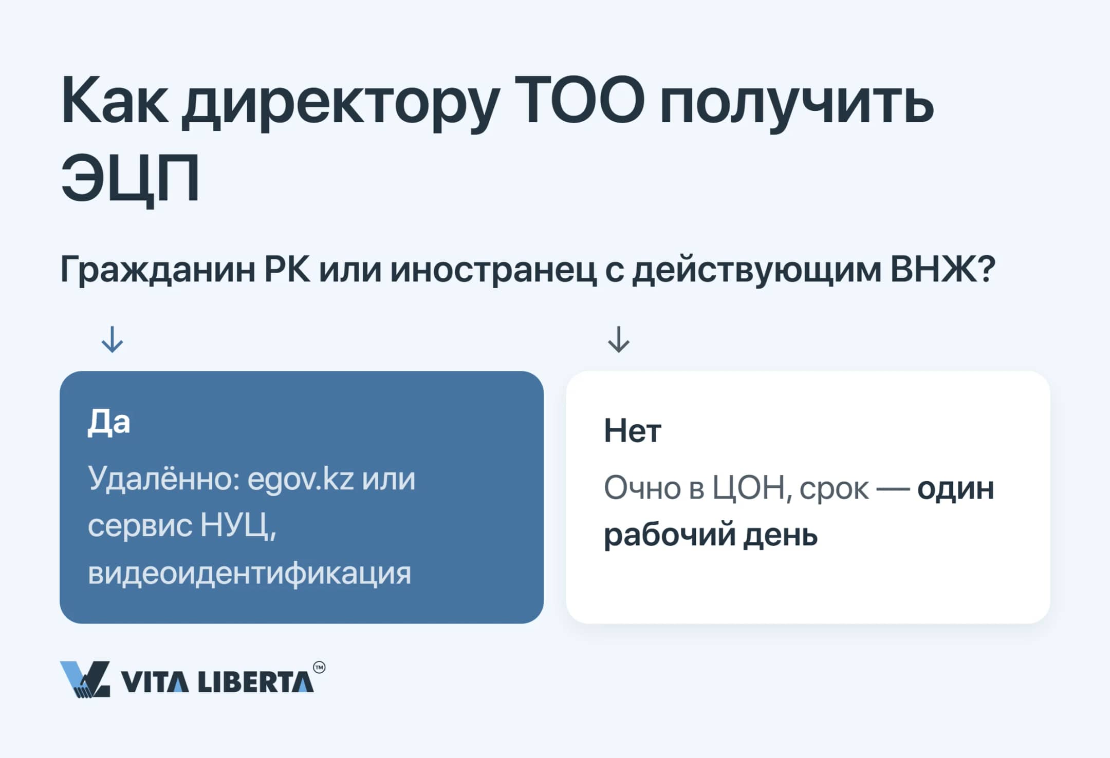 Дерево решений для директора ТОО: удалённый выпуск при ВНЖ или очный визит в ЦОН для нерезидента без ВНЖ